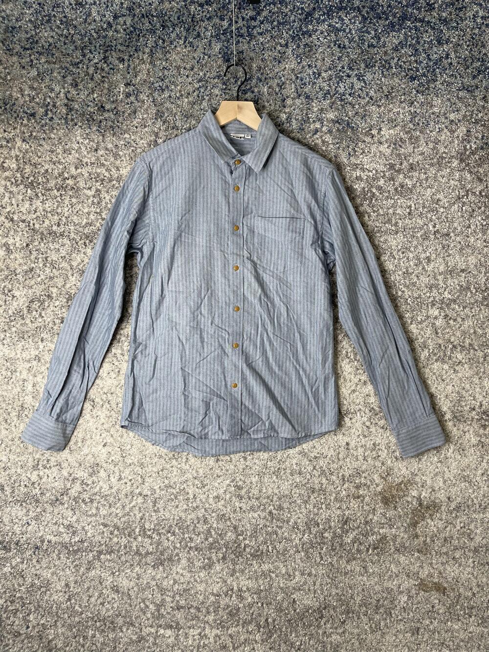 NSF Shirt Mens Small Blue Striped Button Down Long Sleeve 100% Cotton Casual